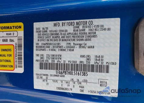 2020 Ford Mustang Ecoboost Fastback from USA, damaged, VIN 1FA6P8TH0L5161385